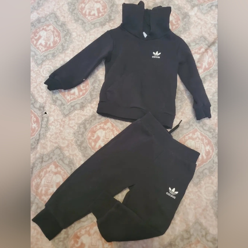 Adidas Kids Black Bottoms and Hoodie Set